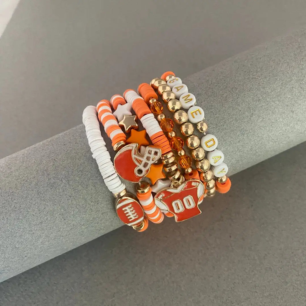 Gameday Orange and White Set of 7 Football Stretch Bracelets