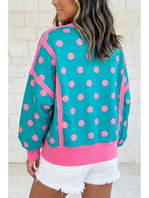 Teal blue/pink Polka Dot Patchwork Long Sleeve Pullover Sweatshirt