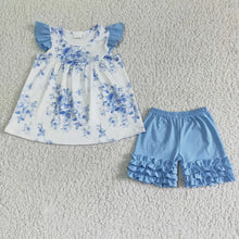 Blue Floral Pearl Ruffle Shorts Sets