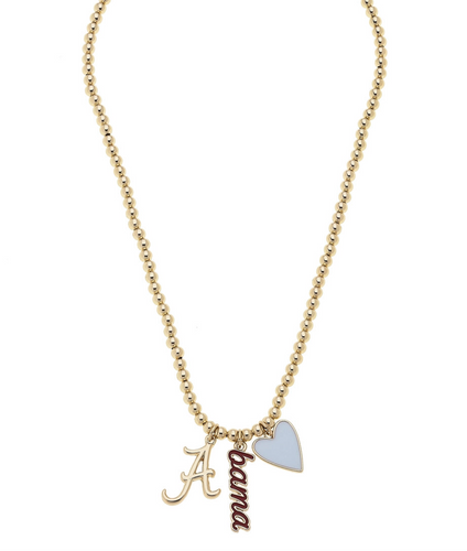 Alabama Crimson Tide Ball Bead Charm Necklace in Shiny Gold