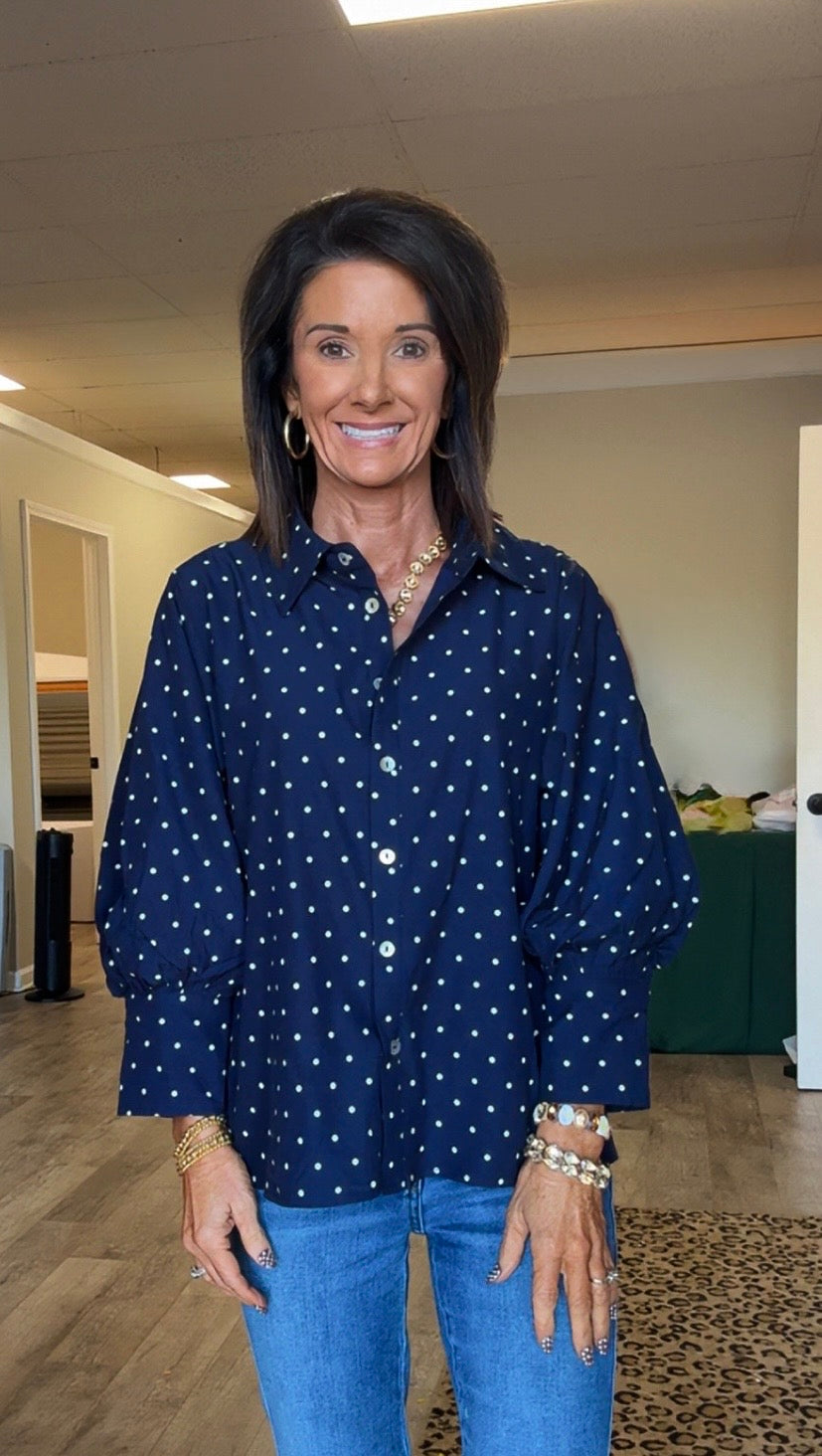 Navy top white polka dots