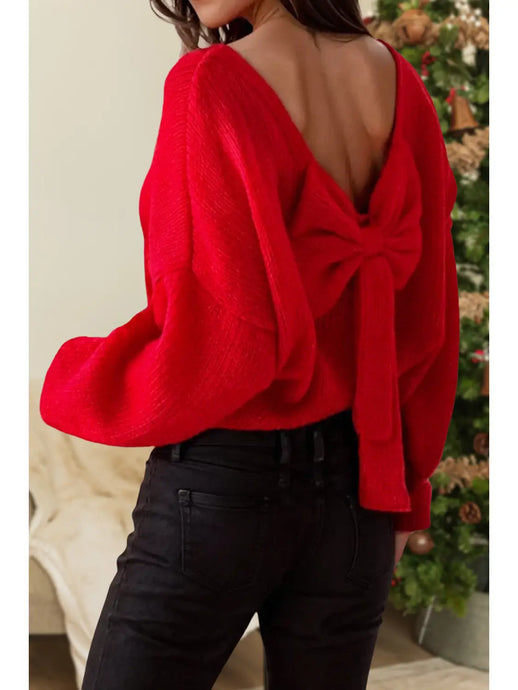 Red Bow Backless Crewneck Bubble Sleeve Sweater