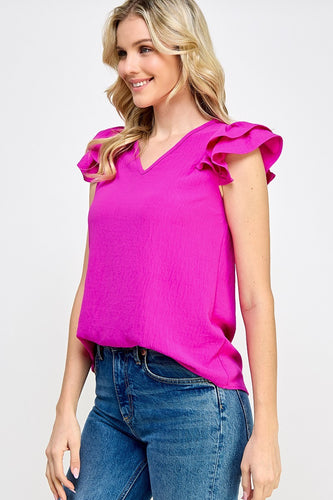 Fuchsia top v-neck ruffle sleeve
