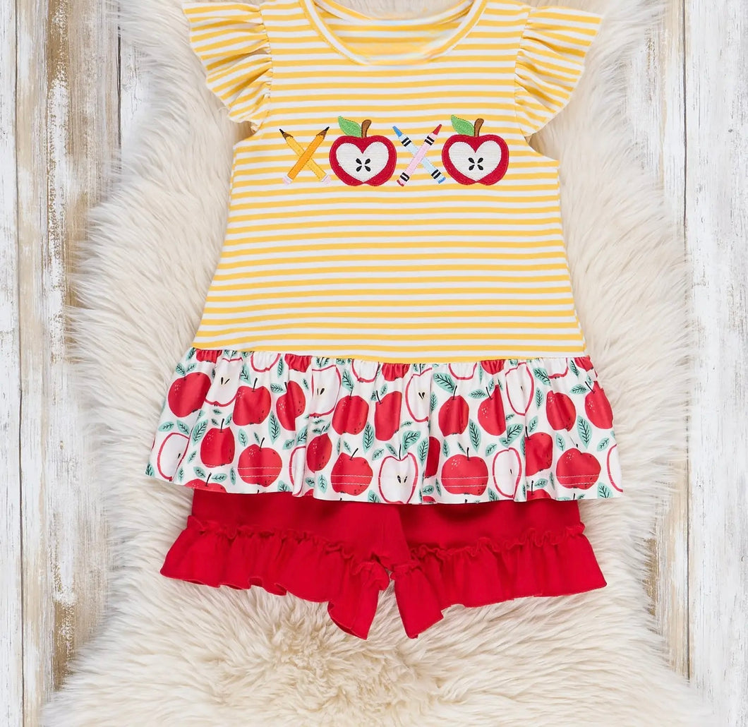 Striped Embroidered Apples Pencils & Ruffle Outfit