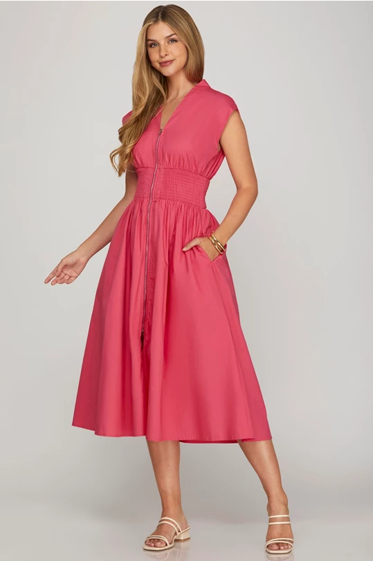 Pink smock waist midi dress front zipper with pockets