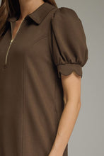 Solid puff sleeve dress. Half zip collared neckline