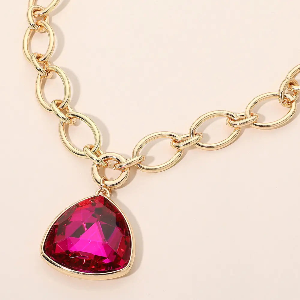 Chunky Faceted Gem Pendant Oval Link Chain Necklace