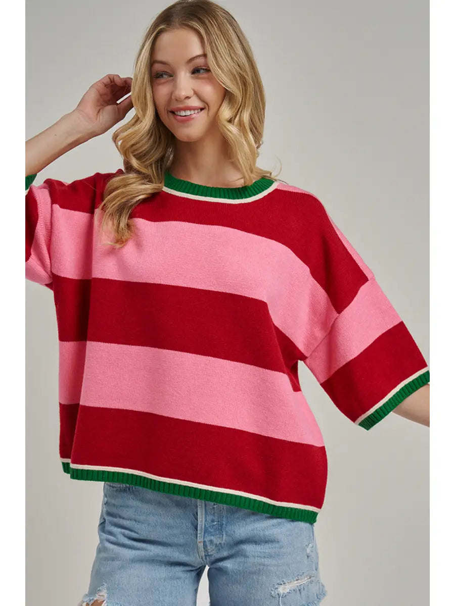 Wide Stripe Loose Fit Sweater red/pink