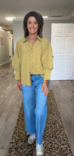 Mustard top. Button down brown polka dots