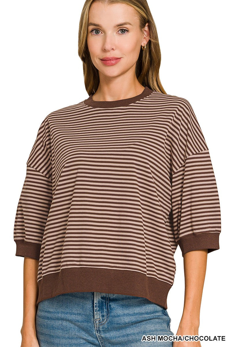 Striped Contrast Trim Rib Banded Top-great fit- best seller