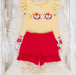 Striped Embroidered Apples Pencils & Ruffle Outfit