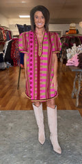 Magenta and olive color stripe beautiful fall dress