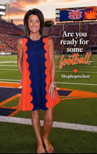 Navy and orange sleeveless dress