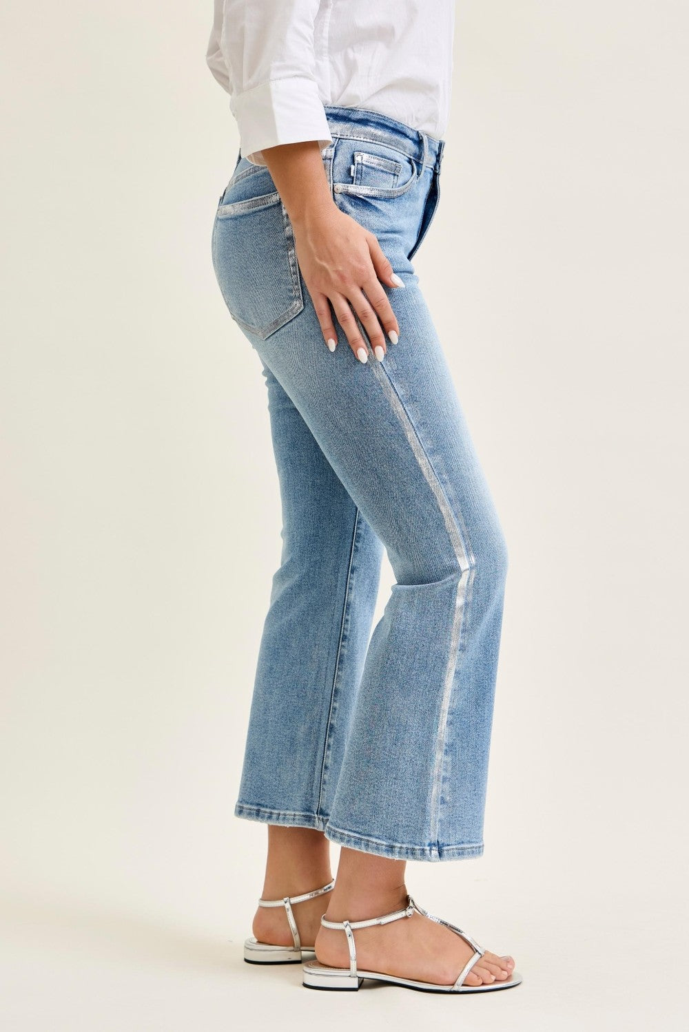 Judy blues metallic Mid rise kick flare  foiled seams