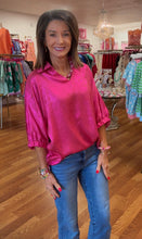 Strawberry pink Collared V Neck Half Sleeve Metallic Top