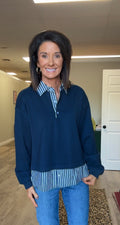 Navy Blue Striped Button-Up Pullover Top