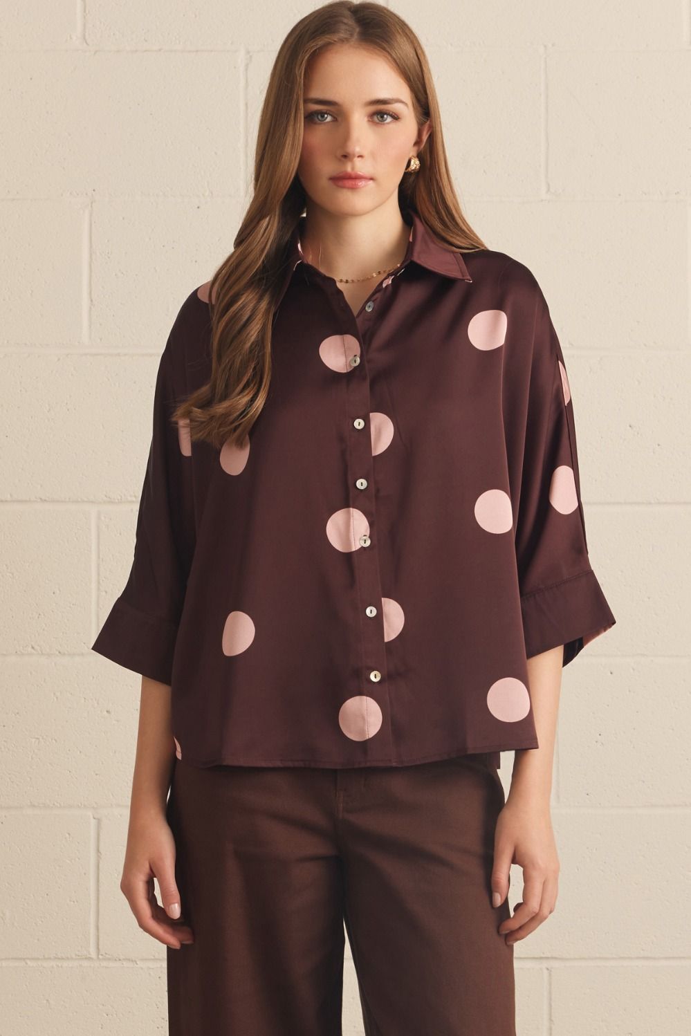 Burgundy top pink polka dot