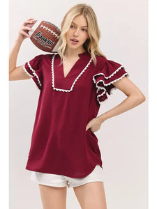 Game Day Ruffle Sleeve Scallop Trim Top