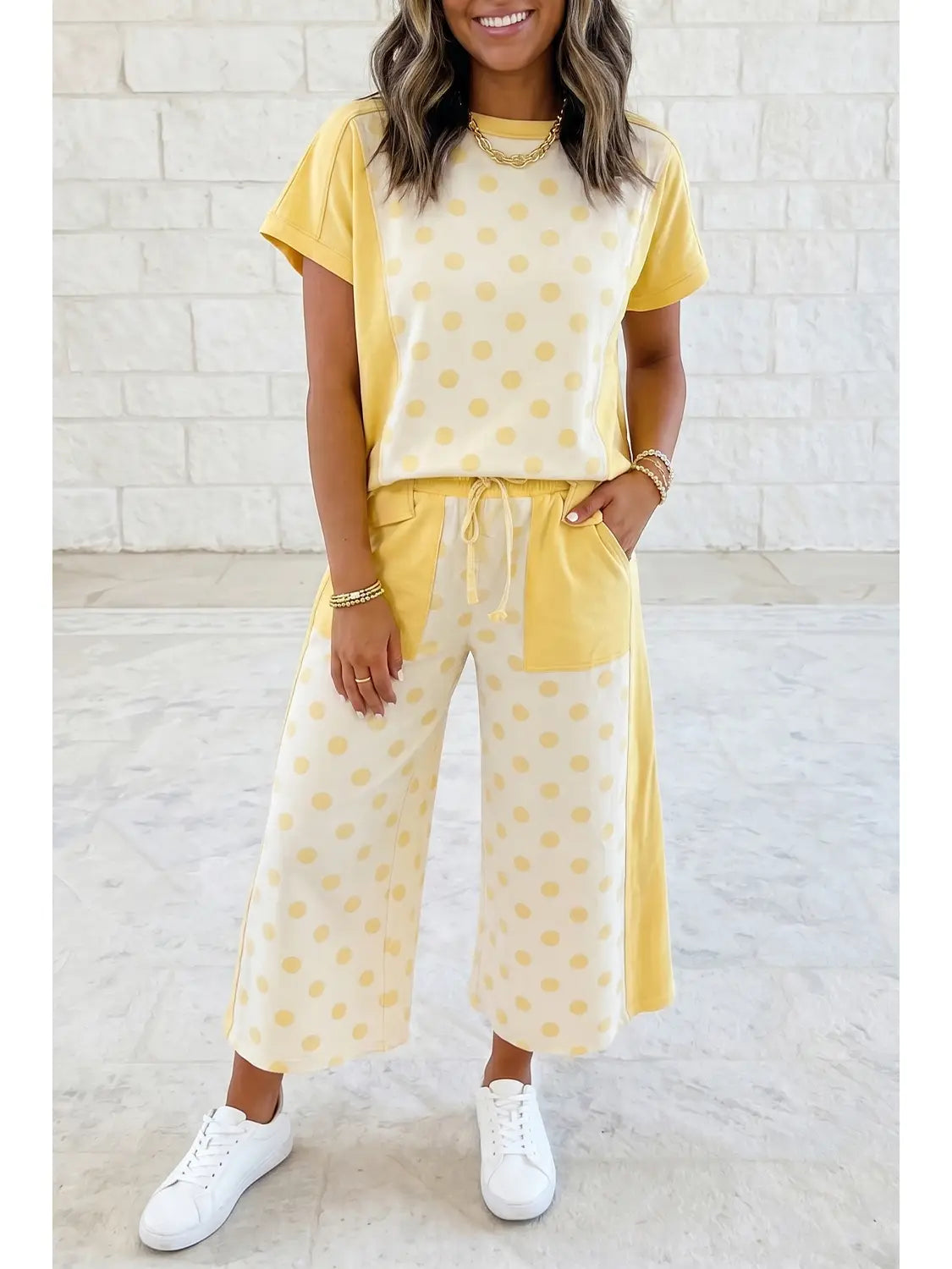 Yellow Colorblock Polka Dot Top Pocket Wide Leg Pant 2 Pc Sets