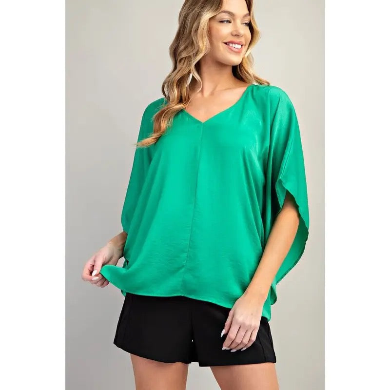 Green V-Neck Kimono Sleeve Blouse