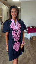 Navy & pink appliqué shift dress