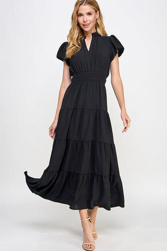 Black Solid maxi dress
Ruffled neckline
V neck placket
Puff short bubble sleeve
Double elastic around waistline
Tiered skirt 
Air flow fabric