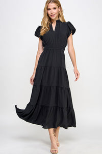 Black Solid maxi dress
Ruffled neckline
V neck placket
Puff short bubble sleeve
Double elastic around waistline
Tiered skirt 
Air flow fabric