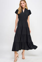 Black Solid maxi dress
Ruffled neckline
V neck placket
Puff short bubble sleeve
Double elastic around waistline
Tiered skirt 
Air flow fabric