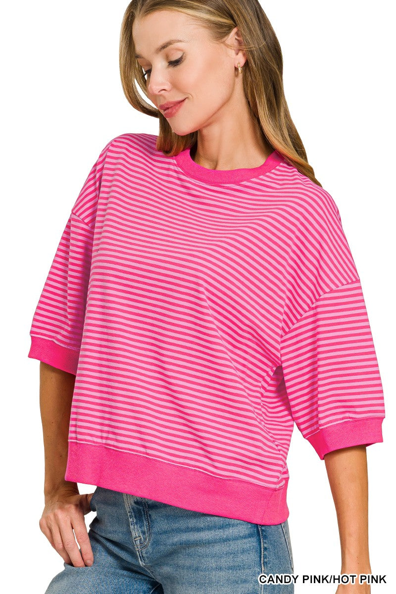 Striped Contrast Trim Rib Banded Top-great fit- best seller