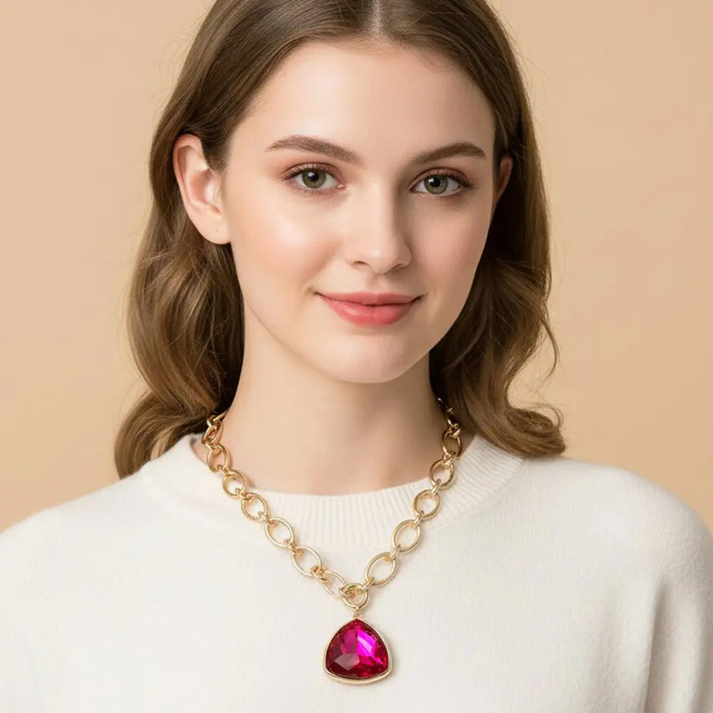 Chunky Faceted Gem Pendant Oval Link Chain Necklace