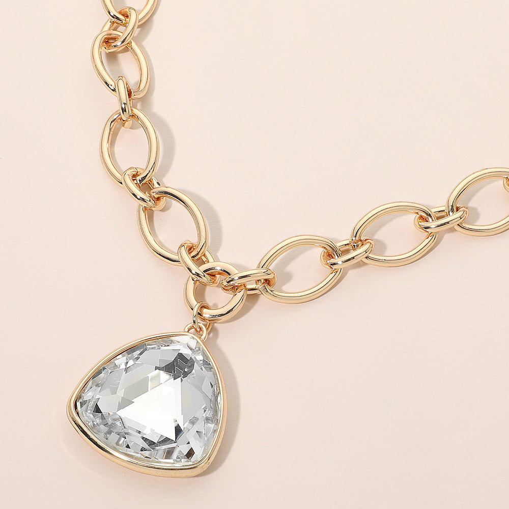Chunky Faceted Gem Pendant Oval Link Chain Necklace