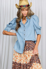 Preorder. Light denim button top
