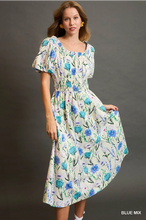 Blue mix Floral Smocked Midi Dress
