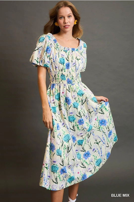 Blue mix Floral Smocked Midi Dress