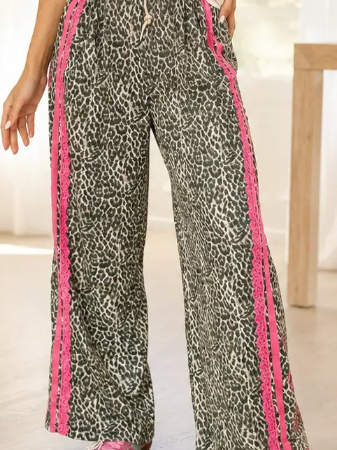 Pink Wild Leopard Lace Detail Pants