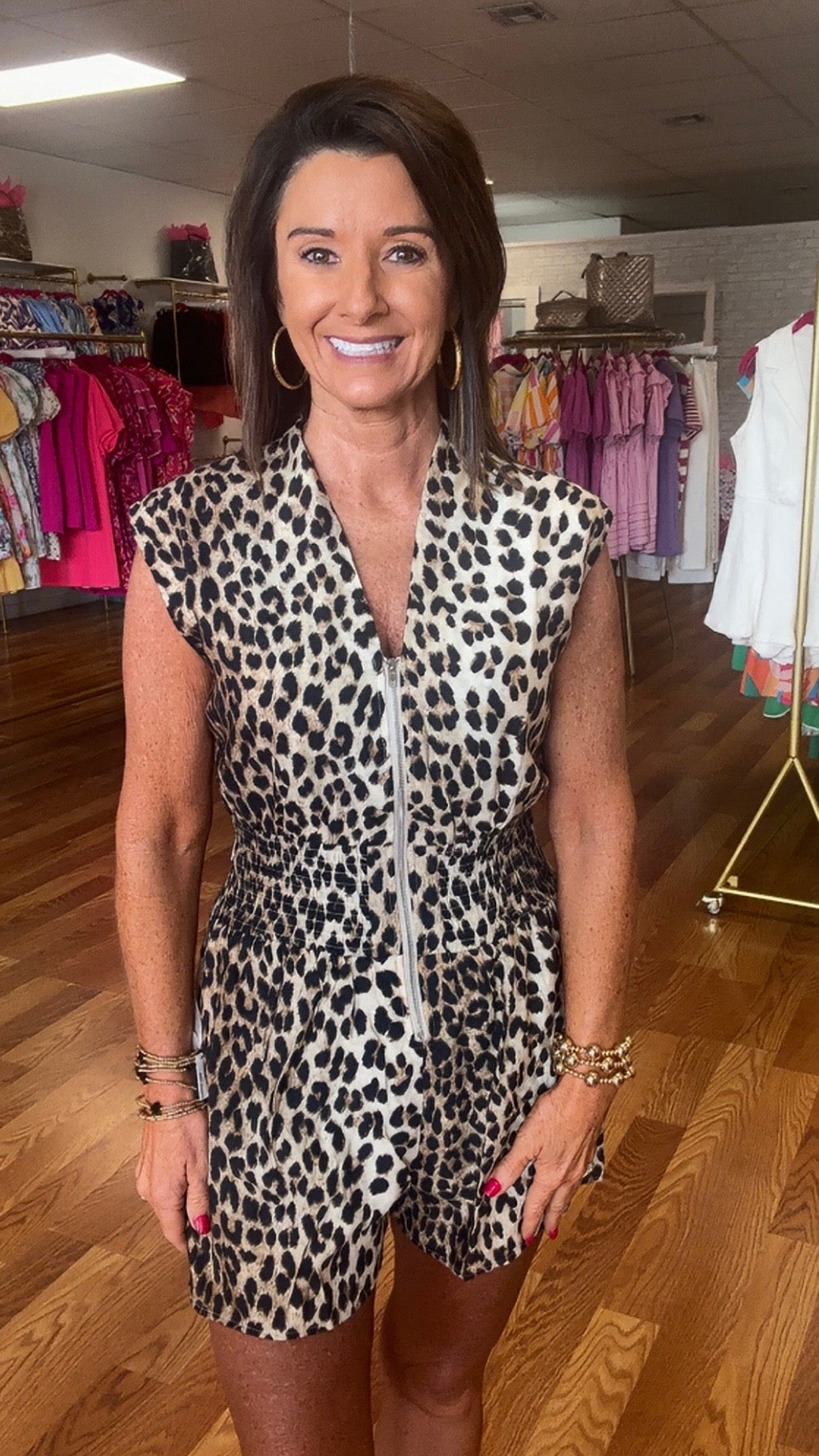 Leopard romper with pockets front zipper