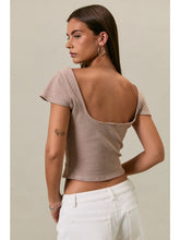Brown white Short Sleeve Stripe Top with Scoop Back