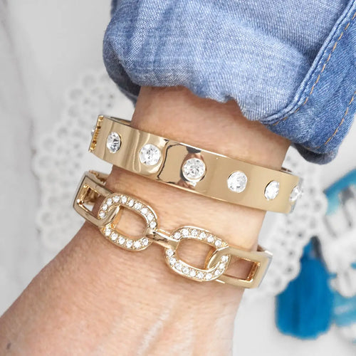 Sparkly Bangles Hinge Stretch Links Gold Tone Crystals-sold single