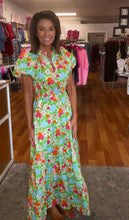 Floral Print V Neck Short Puff Sleeve Maxi Dress