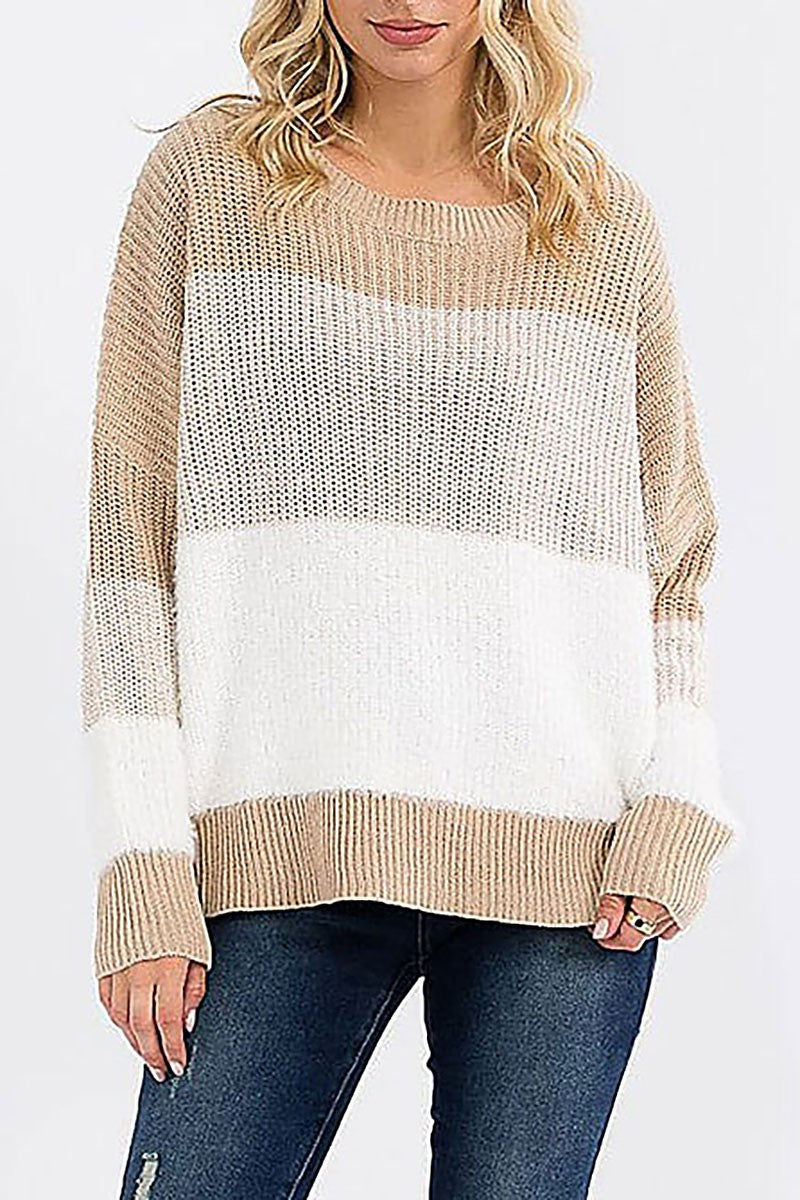Beige Detailed Sleeve Colorblock Knit Pullover Sweater