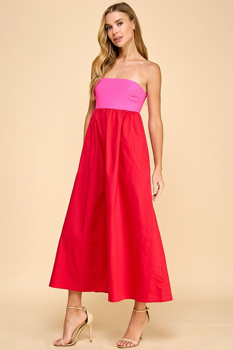 Strapless Empire Line Color Block Midi Dress