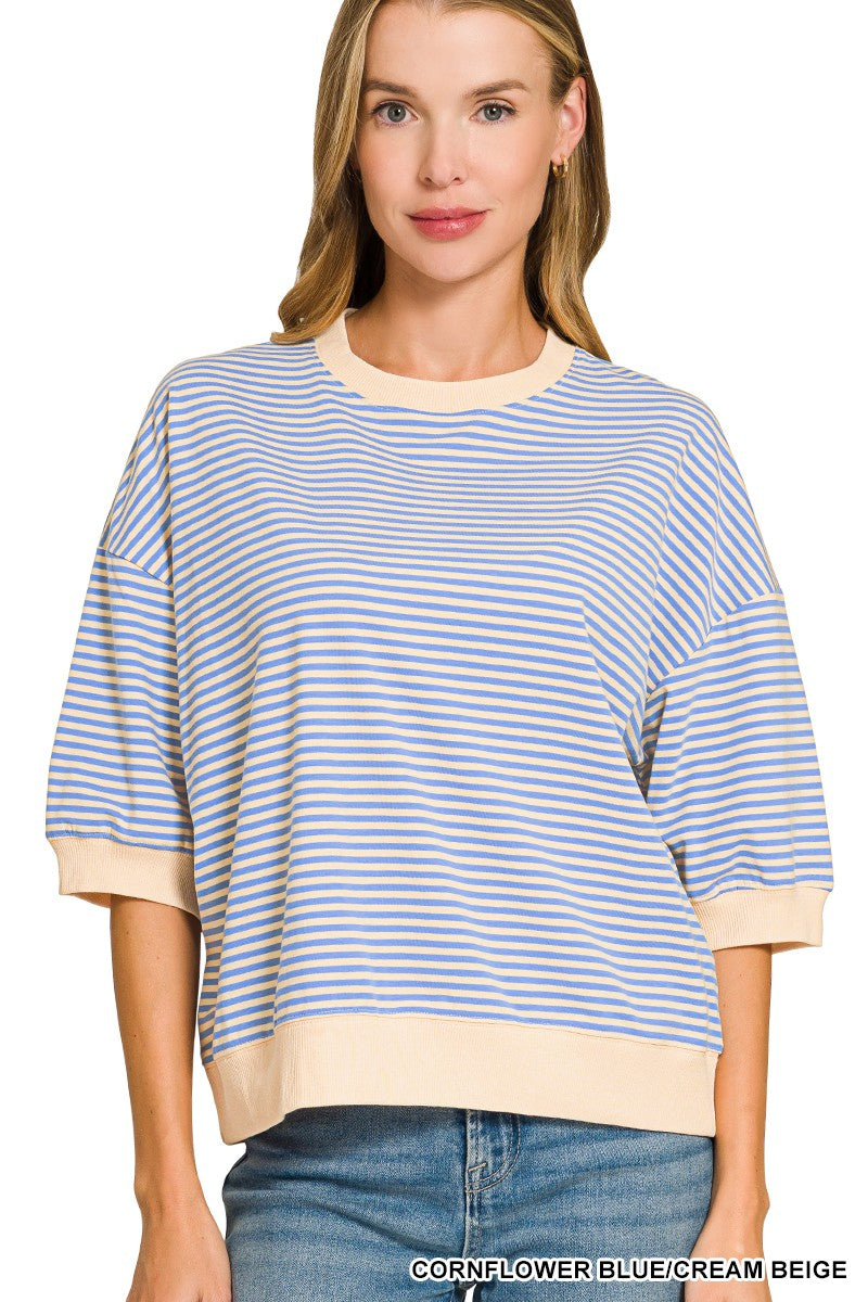 Striped Contrast Trim Rib Banded Top-great fit- best seller