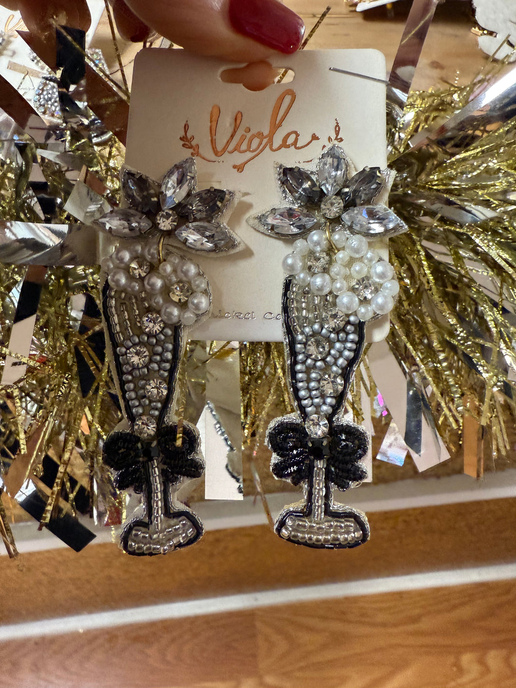 Silver champagne glass bow earrings