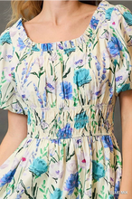 Blue mix Floral Smocked Midi Dress
