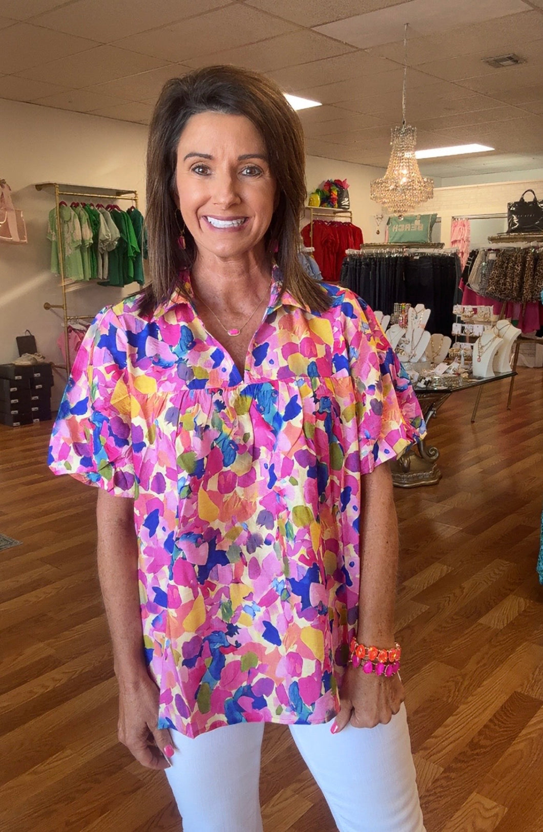 Pink/royal floral print puff sleeve collared top