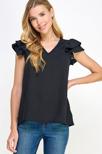 Black v-neck top ruffle sleeve