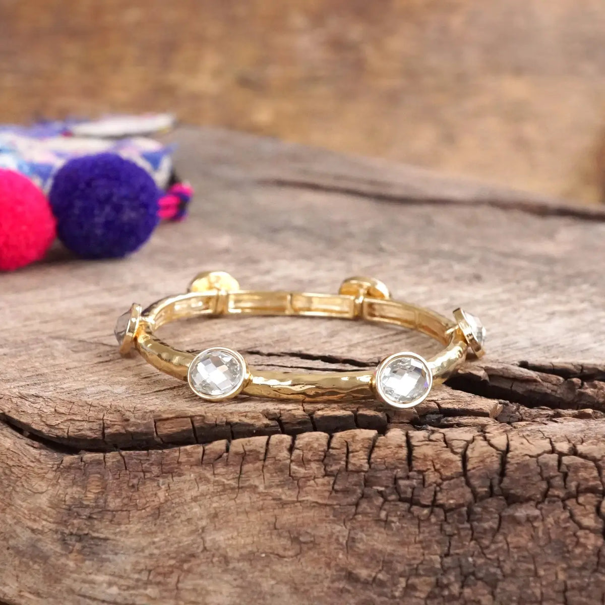 Clear Jeweled Golden Bangle - with Faceted Glass Oval Colorful Jewels