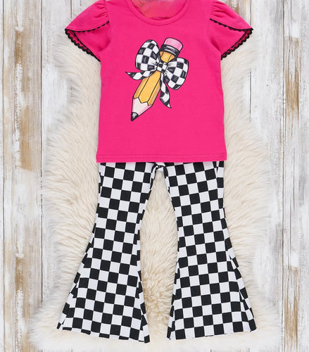 Girls Back To School Pencil Bow Print Black white Jean Set