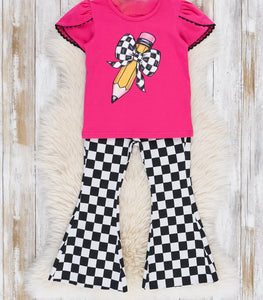 Girls Back To School Pencil Bow Print Black white Jean Set
