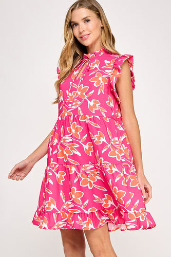 Pink dress. Print tiered dress
Ruffled cap sleeve
Ruffled neckline with elastic
Front adjustable spaghetti ties
Font keyhole